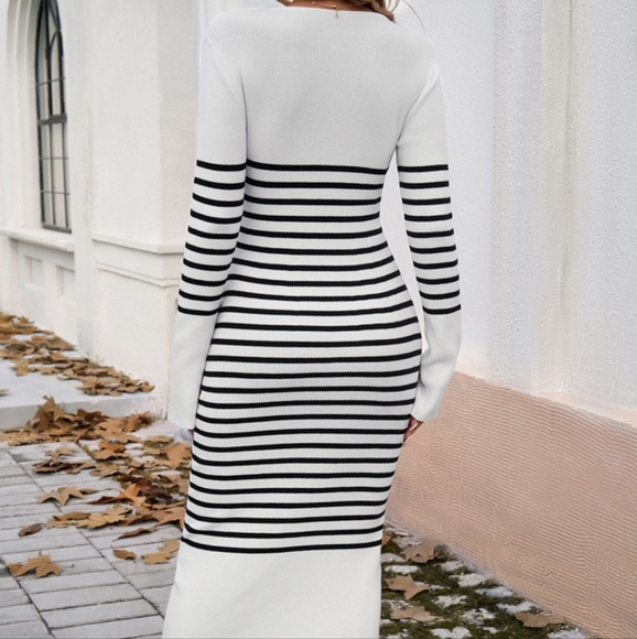 Striped Ivory V-Neck Sweater Dress - Picture 5 of 9